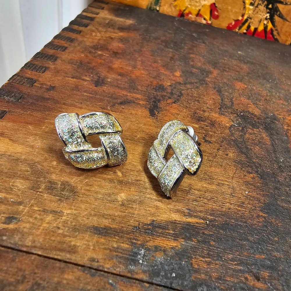 Silver Glitter Knot Stud Earrings Women OS Geometric Sparkle Statement